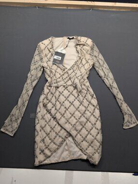 Peace + Love Lattice Embellished Wrap Mini Dress Silver UK12